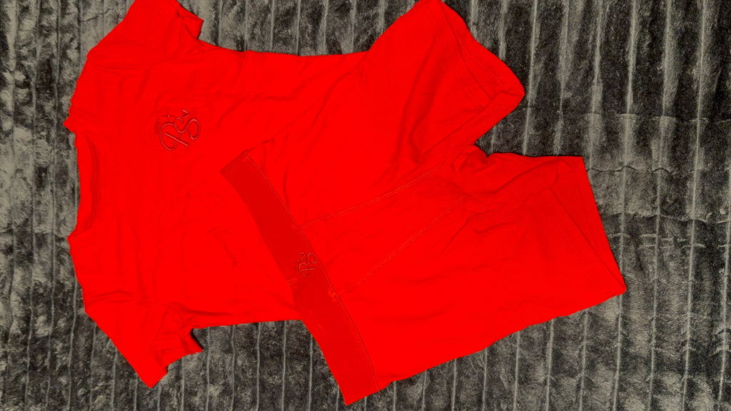 Red cotton rib short set