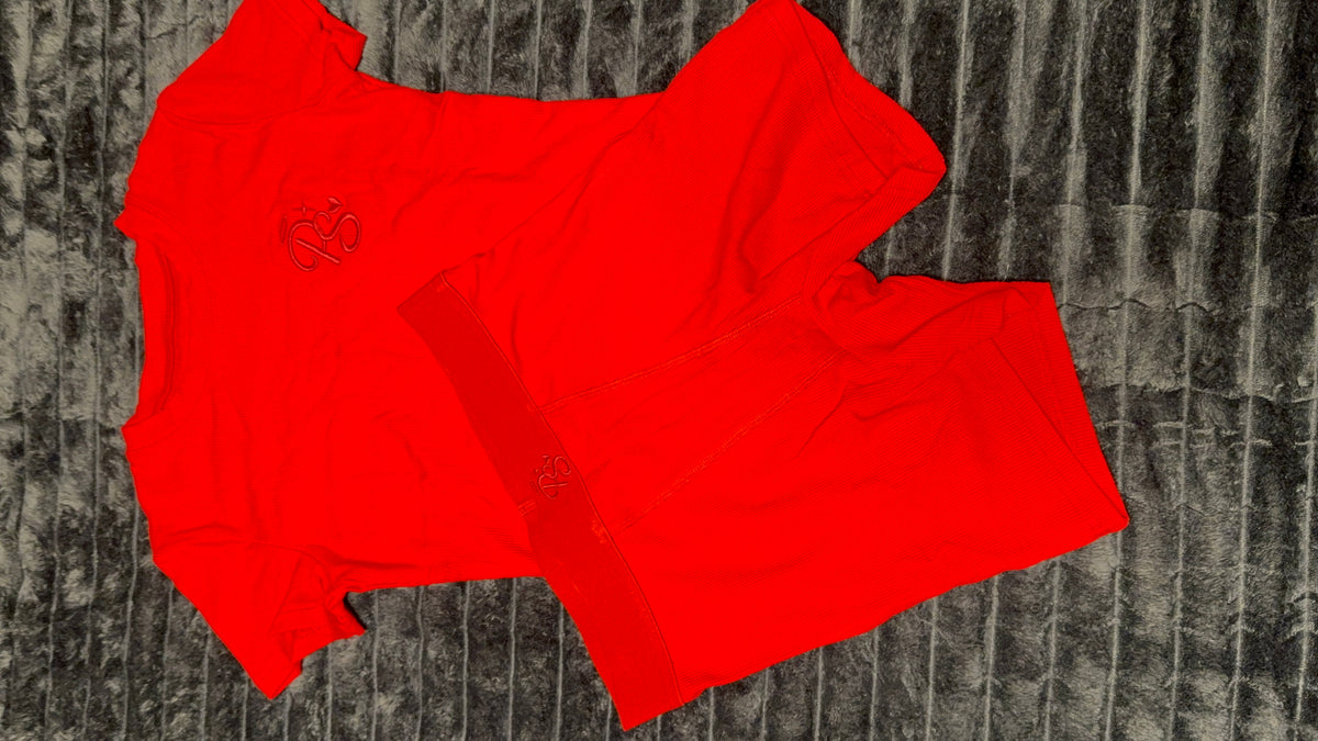 Red cotton rib short set