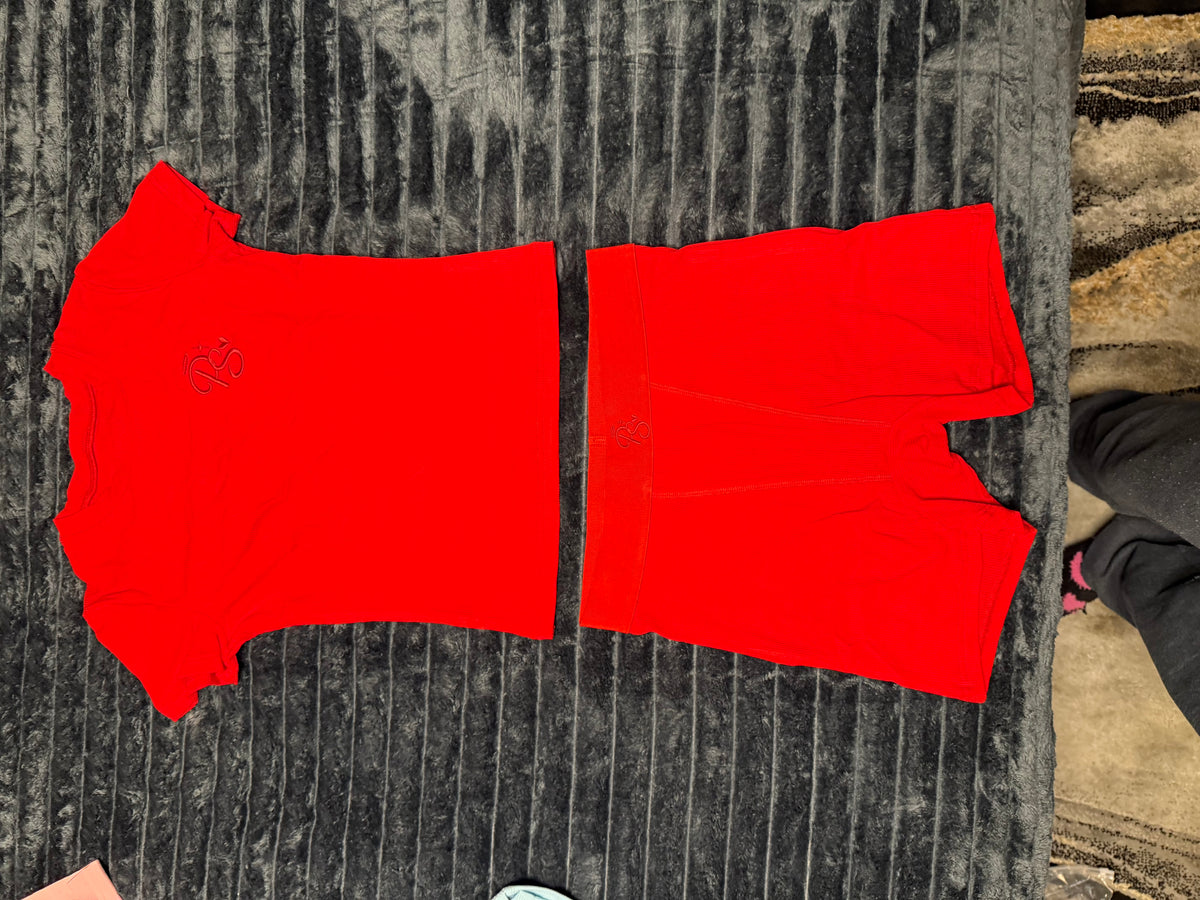 Red cotton rib short set