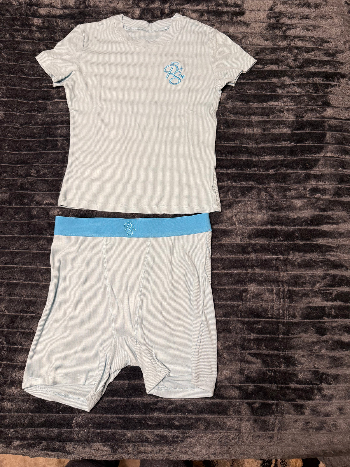 Blue Cotton Rib Shorts Set